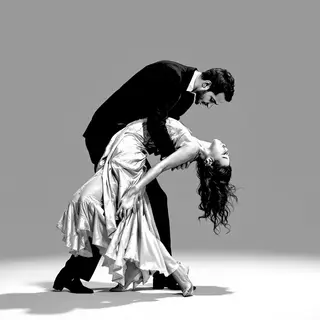 Two tango dancers in a close embrace, the man dipping the wo
