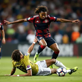 Two soccer players mid-tackle, one sliding and the other jum