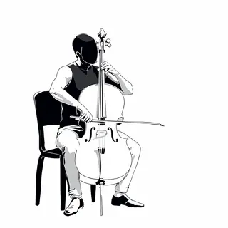 A cellist seated with correct posture, legs around the instr