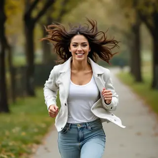 A woman mid-stride running through a park, hair and clothes 