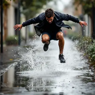 A man captured mid-jump over a puddle, body in the air with 