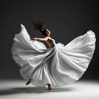 A dancer in a dynamic spin, dress flowing outward with one l
