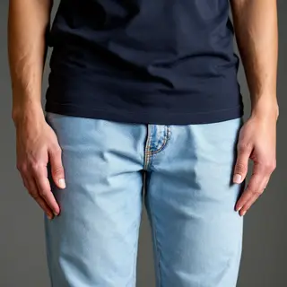 A person standing with both hands visible at their sides, fi