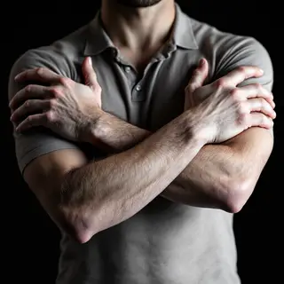 A man with arms crossed, both hands resting on opposite uppe