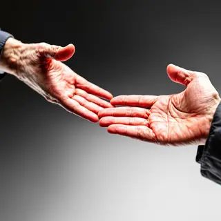 Two people doing a high-five, palms meeting with all fingers