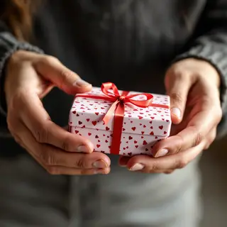 One person handing a small gift box to another person, both 