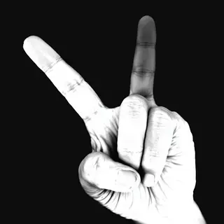 A person making a peace sign with their right hand, clearly 