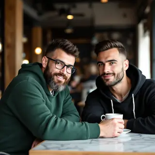 Two men at a cafe: one with a beard and glasses wearing a gr