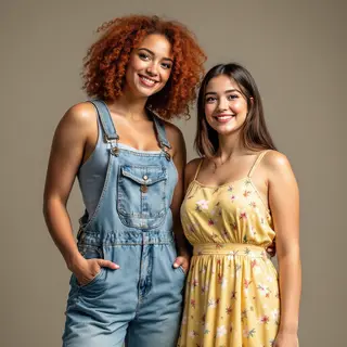 Two friends posing: one tall with curly red hair in denim ov