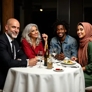 Four people at a dinner table: a bald man in a suit, a woman