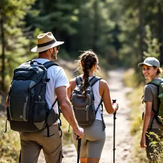 Three hikers on a trail: a man with a backpack and sunhat, a