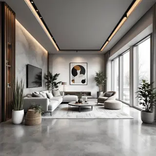 A wide-angle shot of a modern living room interior showing e