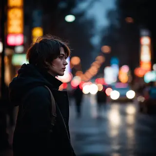 A street photograph with shallow depth of field as if shot a