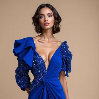 A woman wearing a royal blue evening dress against a neutral