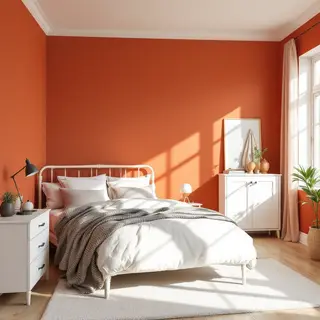 A bedroom wall painted in #FF6B35 (burnt orange) with white 