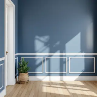 A room with walls in #4A90D9 (medium blue) with warm wooden 