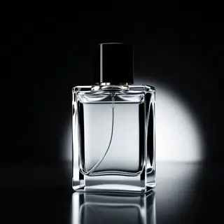 A clear glass perfume bottle on a reflective black surface w