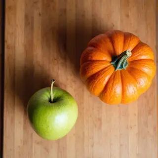 A green apple and an orange pumpkin on a wooden cutting boar