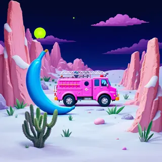 A pink fire truck, a blue banana, and a green sun in a surre