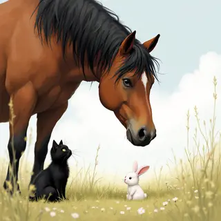 A big brown horse, a small white rabbit, and a medium-sized 
