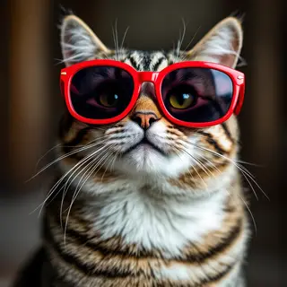 A tabby cat wearing oversized red sunglasses