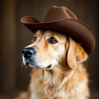 A golden retriever wearing a tiny cowboy hat