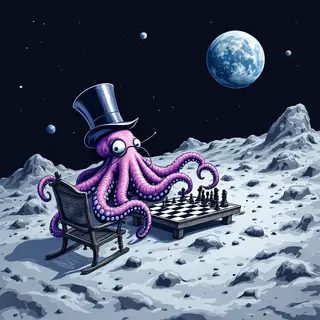 An octopus wearing a top hat and monocle playing chess on th