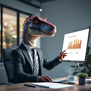 A dinosaur in a business suit giving a PowerPoint presentati