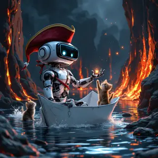 A robot dressed as a pirate sailing a paper boat on a lake o