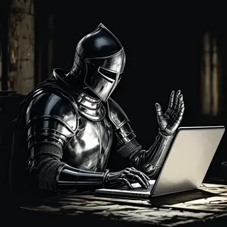A medieval knight in full armor sitting at a desk typing on 