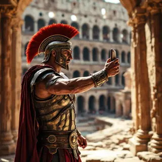 A Roman gladiator taking a selfie with a smartphone in the C
