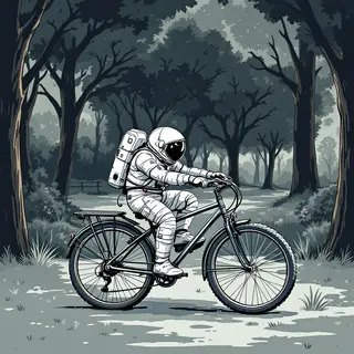 An astronaut in a spacesuit riding a bicycle through a park
