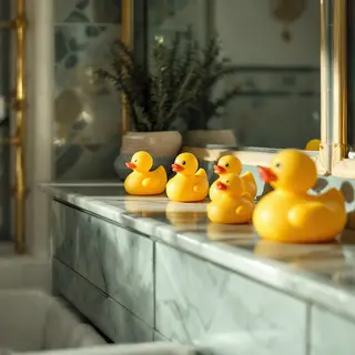 Exactly 5 yellow rubber ducks sitting in a row on a bathroom