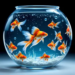 Exactly 9 goldfish swimming in a large round fishbowl