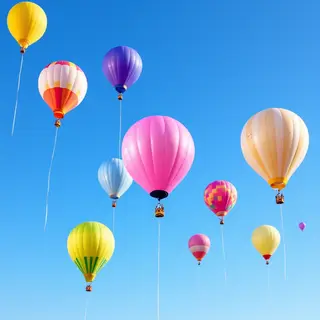 Exactly 11 colorful balloons floating against a clear blue s