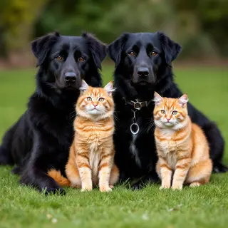 2 orange cats and 3 black dogs sitting together on a grassy 