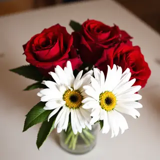 4 red roses and 2 white daisies in a glass vase on a table