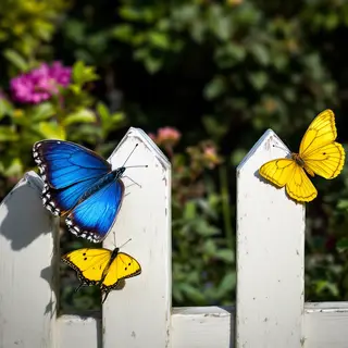 1 blue butterfly and 3 yellow butterflies resting on a garde