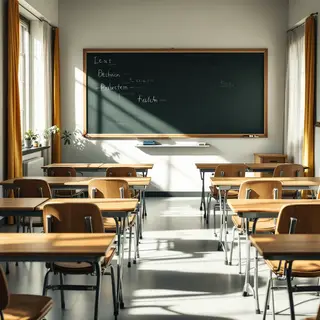 A classroom with desks and a chalkboard but no students