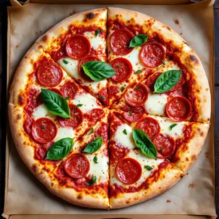 A pepperoni pizza with tomato sauce, basil, and crust but ab