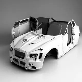 A car body with windows, doors, and headlights but no wheels