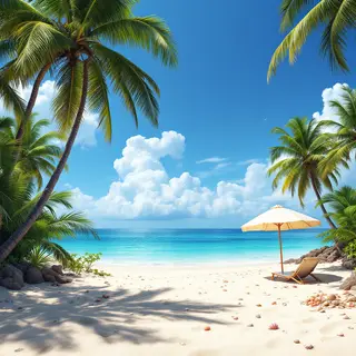 A sandy beach with palm trees, seashells, and a beach umbrel