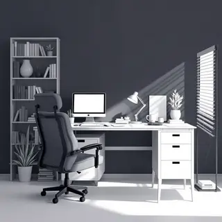An office workspace with a desk, chair, bookshelf, and lamp 