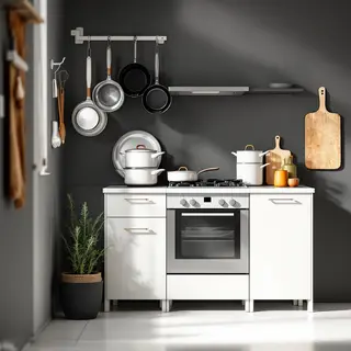 A kitchen with pots, pans, a stove, and a cutting board but 