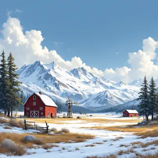 A landscape with a red barn in the foreground at large scale