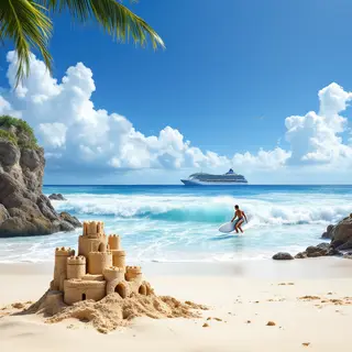 A beach scene with a sandcastle in the foreground, a surfer 