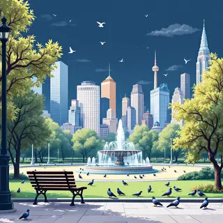 A city park with a park bench and pigeons in the foreground,