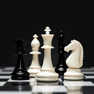 Five chess pieces on a board: a king in the center, a queen 