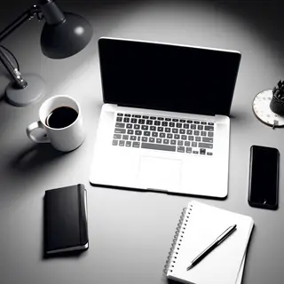 A desk scene: laptop in the center, coffee mug to the left, 
