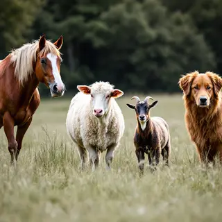 Five animals in a field: a horse on the far left, a cow to t